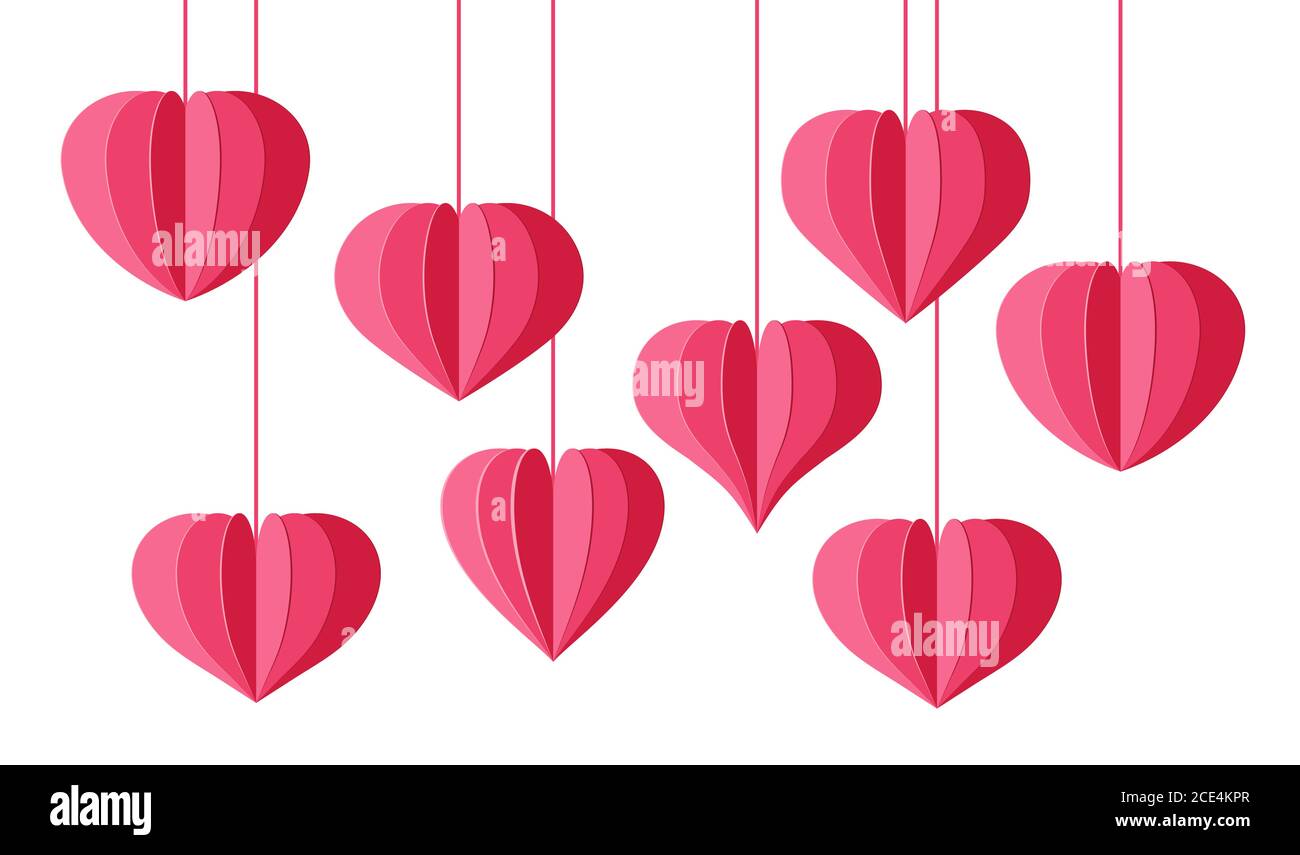 Corazón rosa papel cortar 3d efecto fondo. Día de San Valentín, símbolo de  amor romántico, elemento decorativo para la invitación de boda tarjeta.  Corazones origami, linterna china doblada. Ilustración vectorial aislada  Imagen