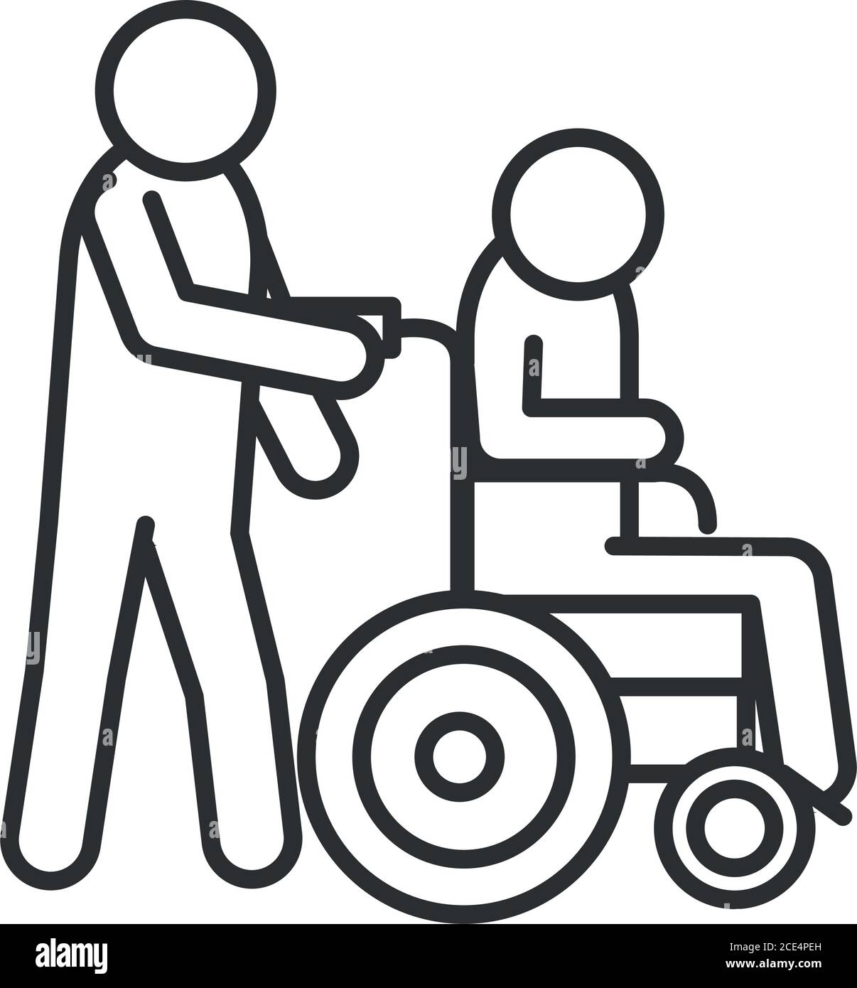 la persona lleva a un discapacitado en una silla de ruedas, día mundial de  la discapacidad, icono lineal diseño ilustración vectorial Imagen Vector de  stock - Alamy