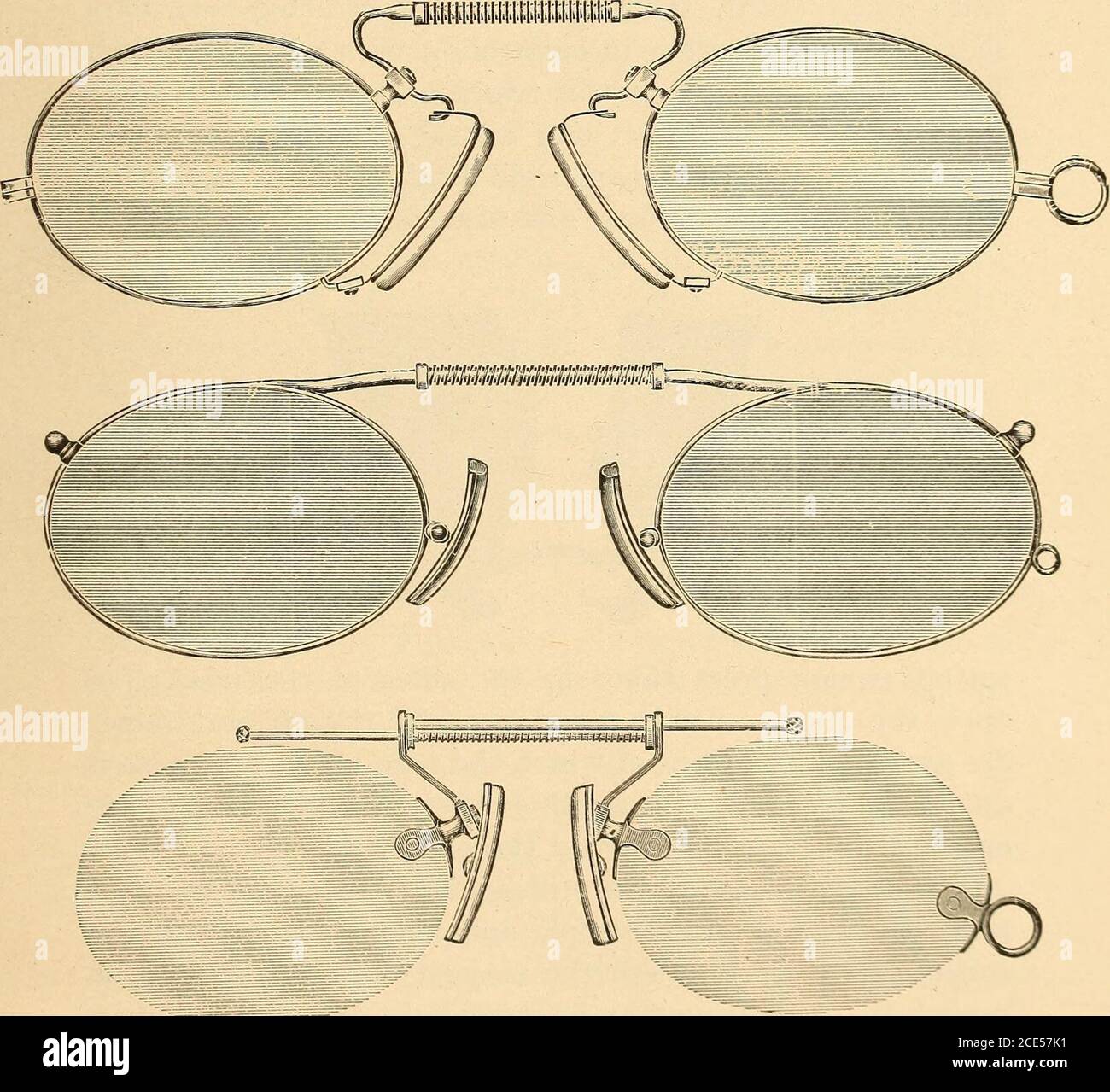 Gafas y anteojos, sus formas, montaje y ajuste adecuado . j ??i Fig. 14..  Formas de gafas rígidas Fkamk o Bar Spring. 32 GAFAS Y ANTEOJOS. Un anteojo  se mantiene en