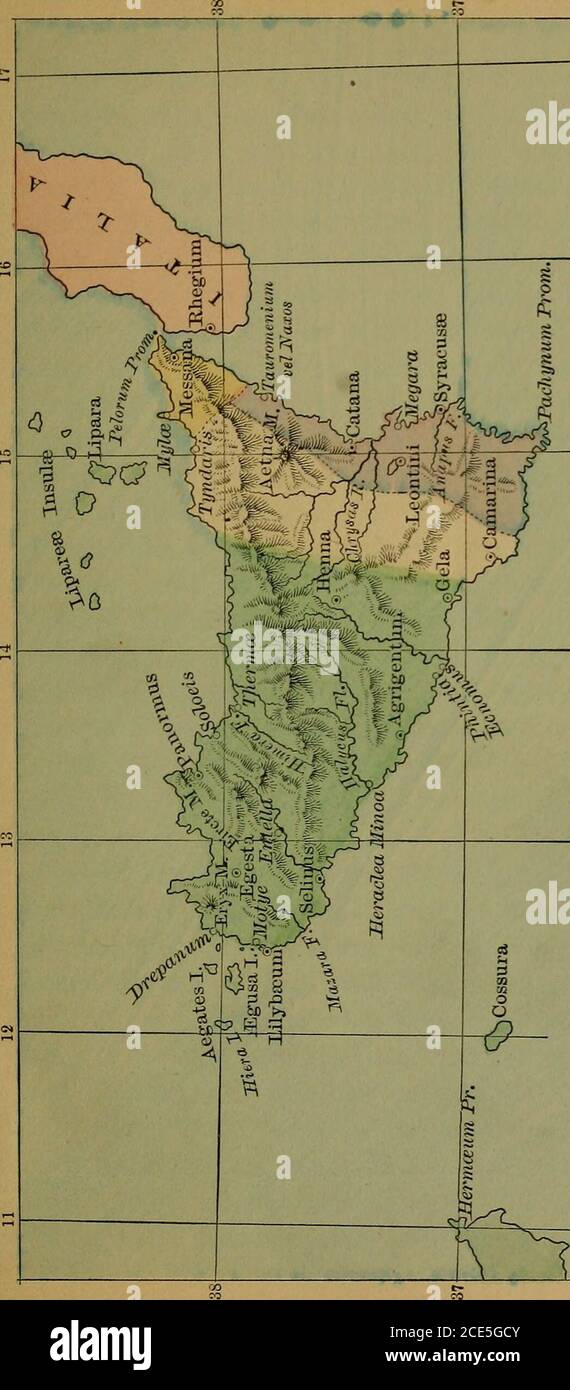 . Roma y Cartago, las guerras púnicas; e más lejos de la alianza romana. Durante más de un siglo pasado Greeksand Carthaginians había estado contentando, con éxito varyingpor la posesión de la isla. Pocos pueblos de importancia dentro de sus límites habían escapado a la destrucción, menos aún habían escapado a un Jesús, y muchos habían abandonado y retomado casi tantas veces como había campañas. En general, a pesar de los esfuerzos de líderes capaces como Dionisio el Tyrant, Timoleon, y Agathocles, la fortuna había favorecido a los cartagineses; y el poder de Siracusa, el jefe de los estados griegos, estaba Foto de stock