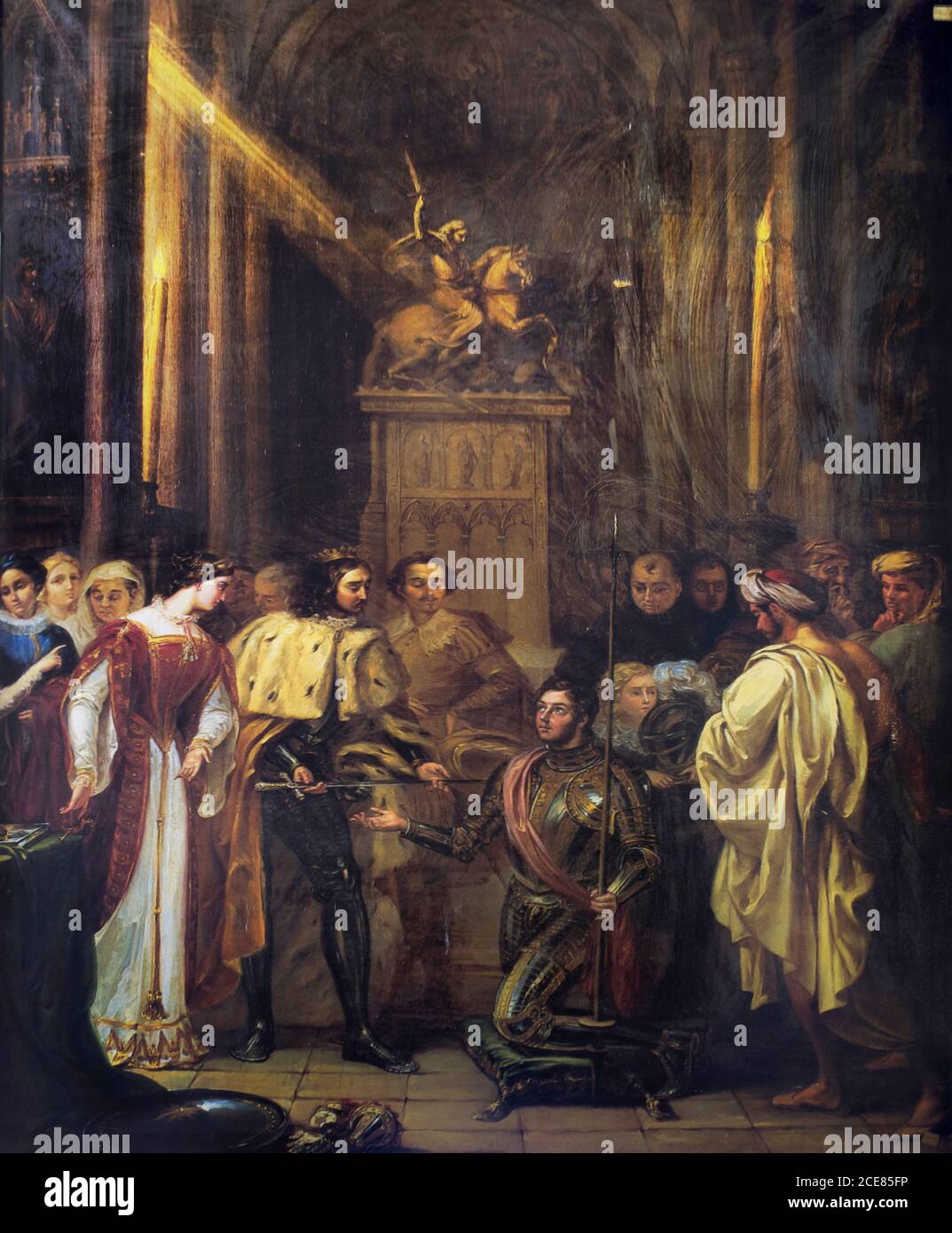 Rodrigo Díaz el Cid es nombrado caballero por el rey Fernando I de León por José Castelaro y Perea, 1831. Academia Real de San Fernando, España Foto de stock