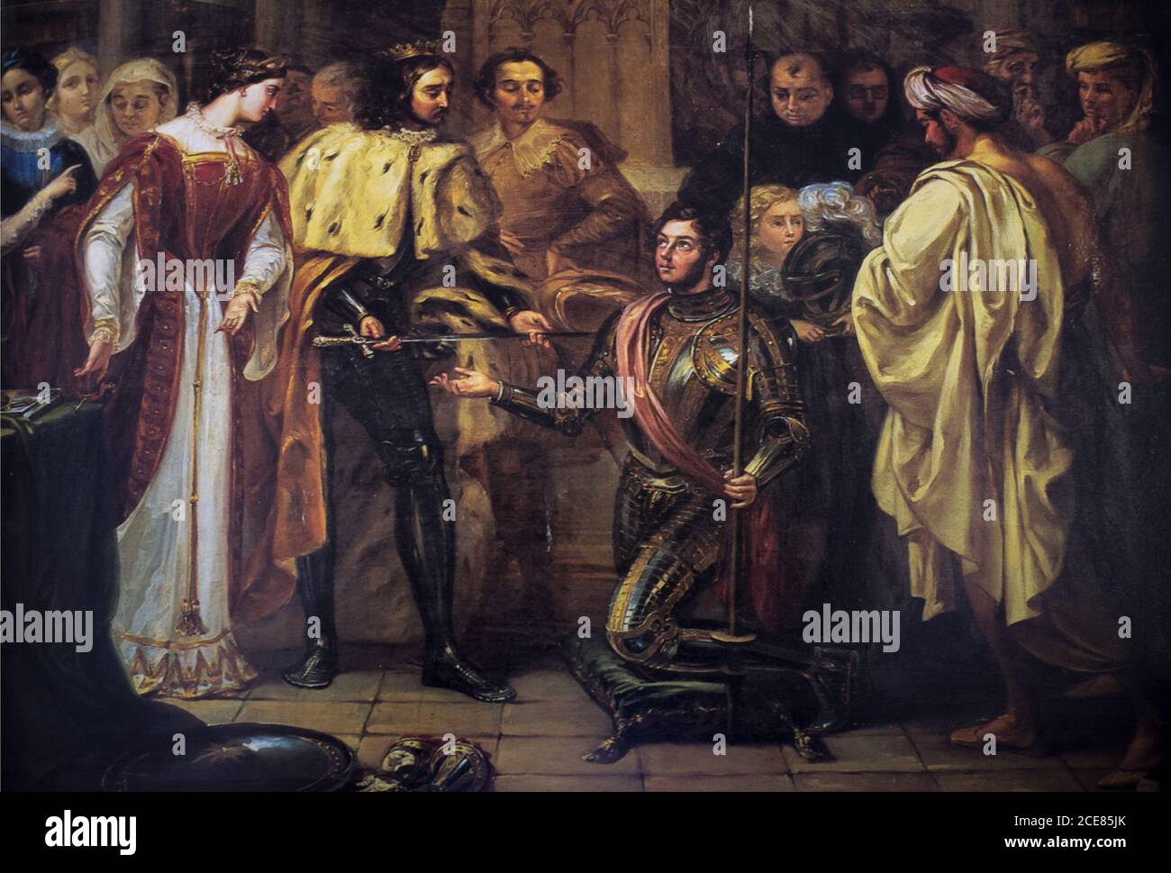 Rodrigo Díaz el Cid es nombrado caballero por el rey Fernando I de León por José Castelaro y Perea, 1831. Academia Real de San Fernando, España Foto de stock
