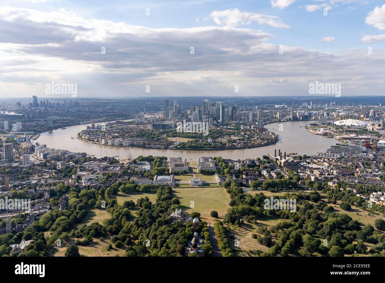 Vista aérea de Londres con Greenwich y la Isla de los Perros. Foto de stock