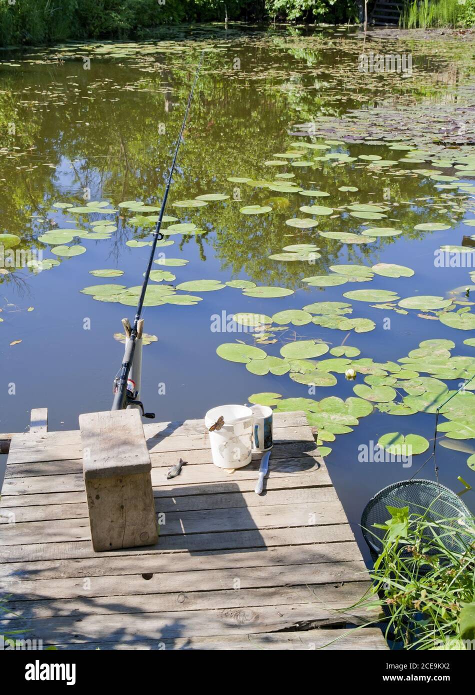 Lugar para la pesca en un pequeño estanque rural Foto de stock