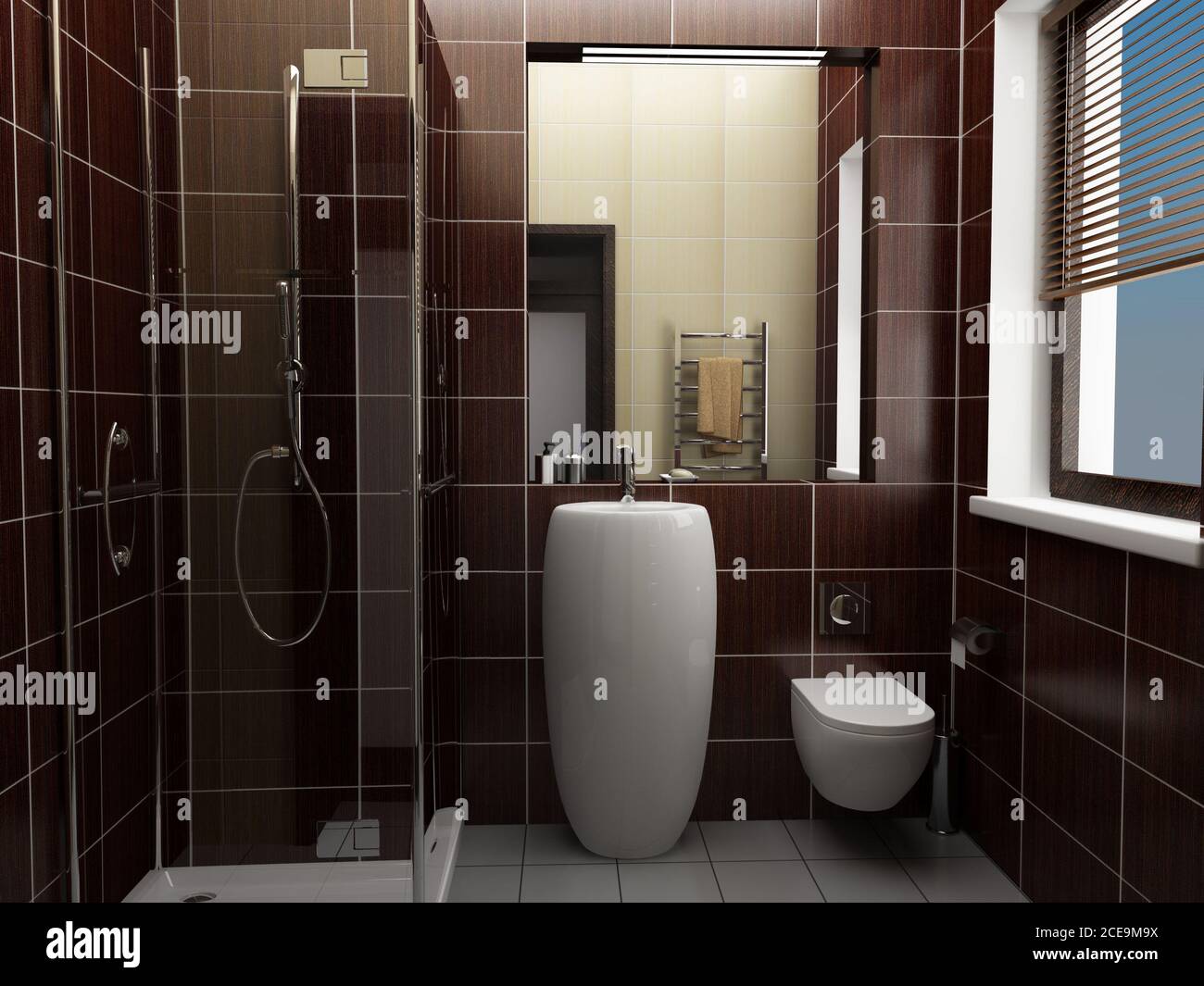 Moderno cuarto de baño con azulejos de color marrón Foto de stock