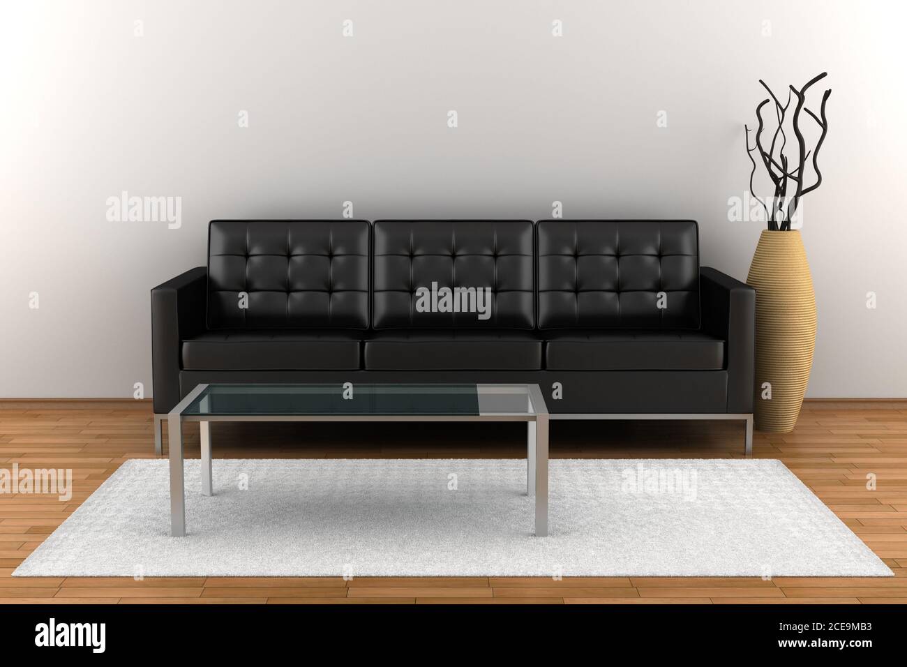 Interior de cuero negro con sofá y mesa de vidrio Foto de stock