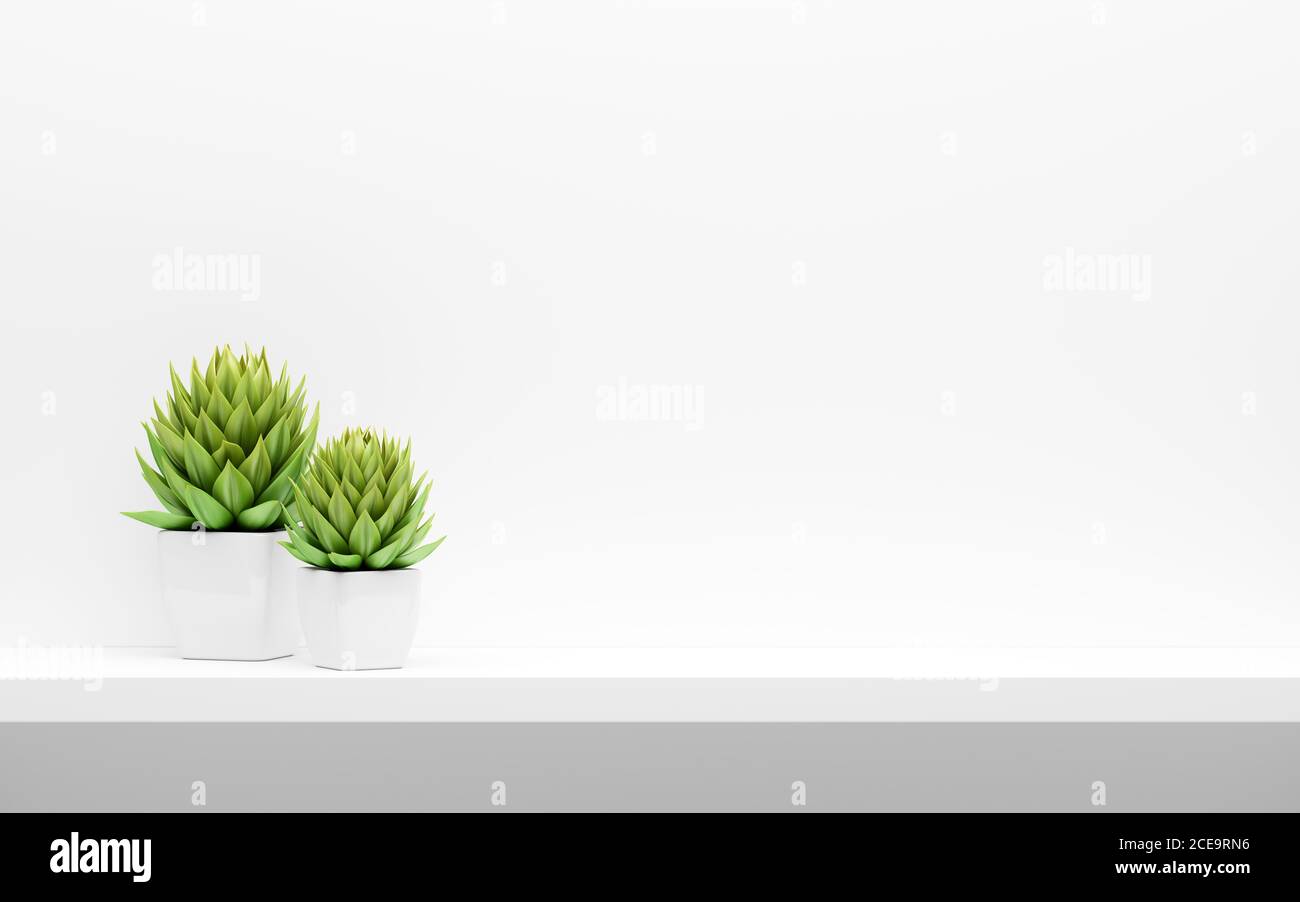 estante sobre pared blanca con plantas en macetas verdes se mofan Foto de stock