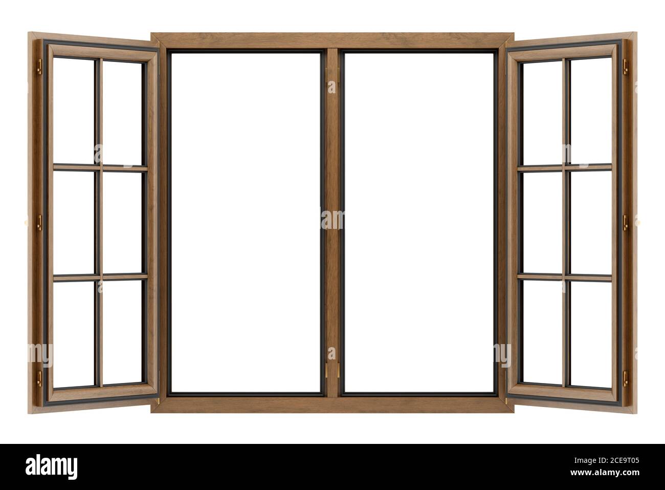 Abrir ventana de madera aislado sobre fondo blanco. Foto de stock