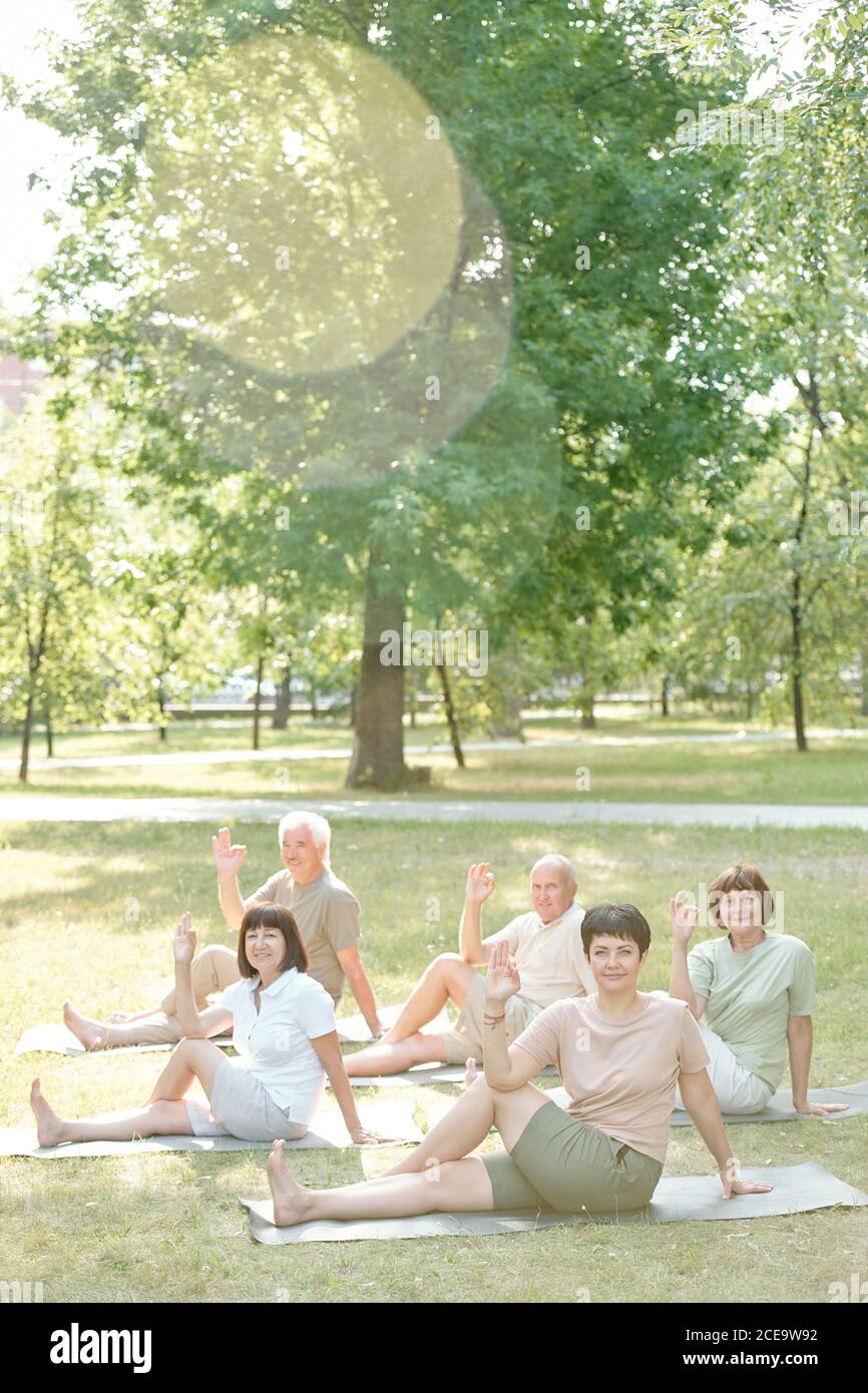 Retrato de personas mayores de contenido sentado en las esteras en el parque y torcer el cuerpo mientras practica yoga en la clase de grupo Foto de stock