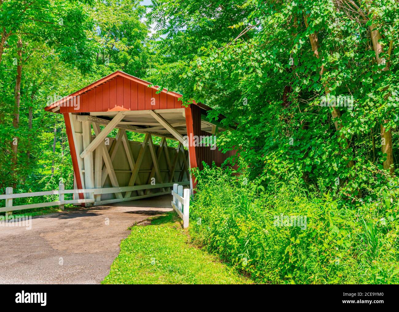El histórico Puente cubierto Everett cruza Furnace Run Creek en Summit County en Ohio. El puente rojo está en el Parque Nacional del Valle de Cuyahoga. Foto de stock