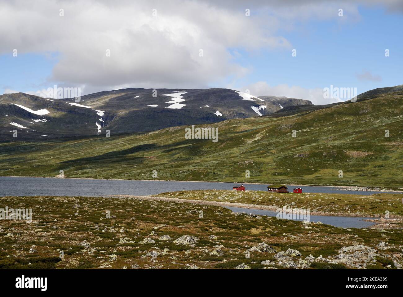 Naturaleza áspera pero hermosa alrededor de una pequeña choza en una montaña Noruega, cerca de Hemsedal Foto de stock