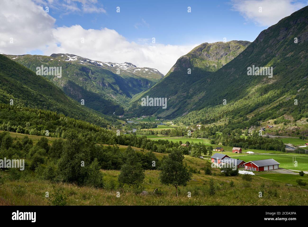 Modernos edificios agrícolas, un tractor y campos verdes entre las altas montañas noruegas, cerca de Hemsedal Foto de stock