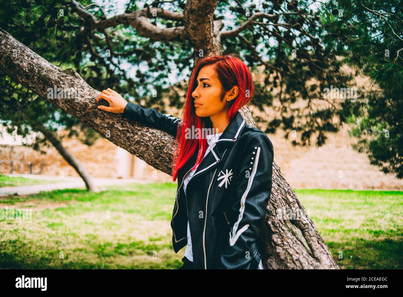 Bonita mujer en de cuero negro y con el pelo rojo de bajo el árbol en mirando con confianza lejos Fotografía de stock - Alamy