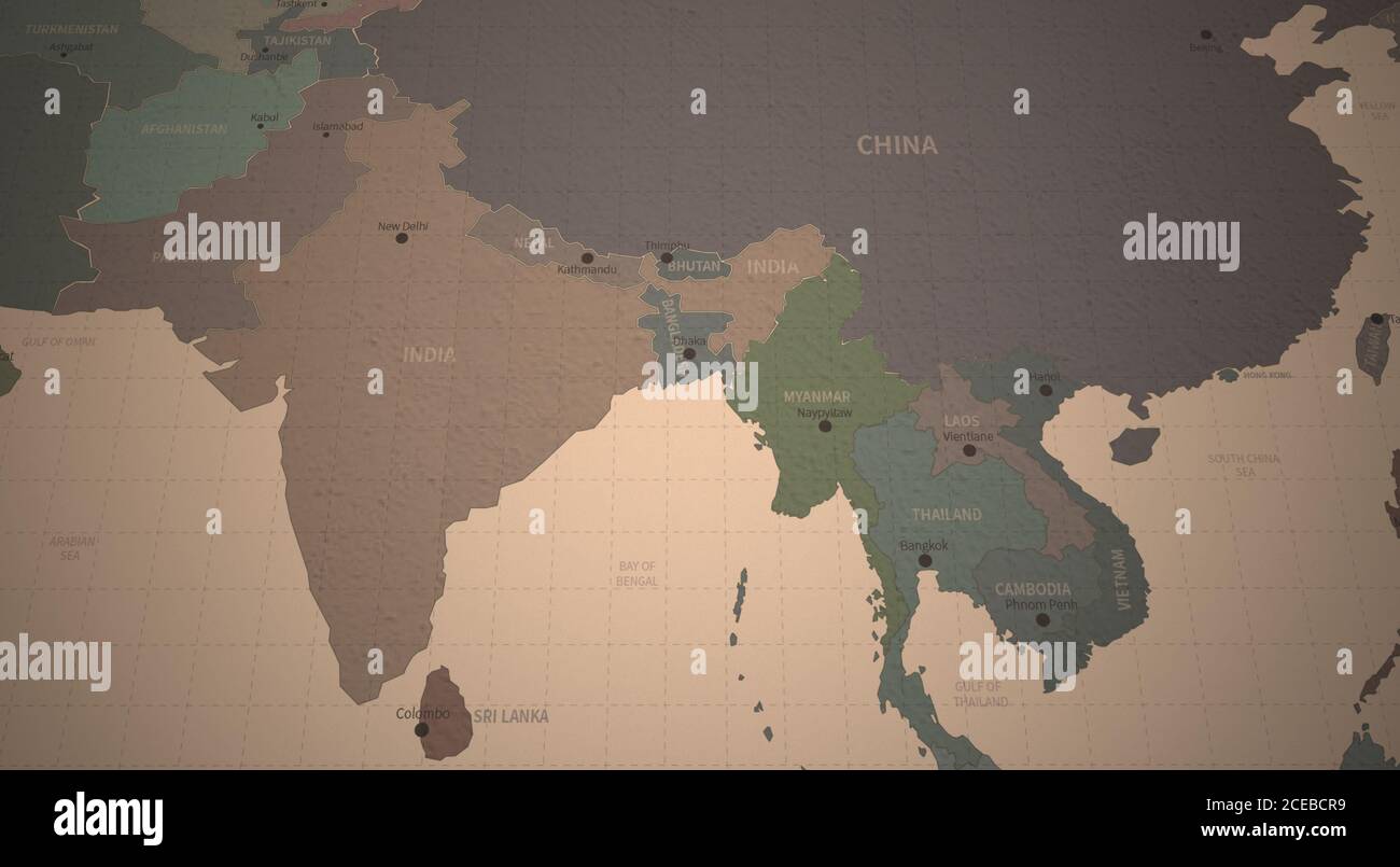 Mapa de Asia del Sur. Mapa Continental detallado del Mundo sobre papel Vintage. Foto de stock