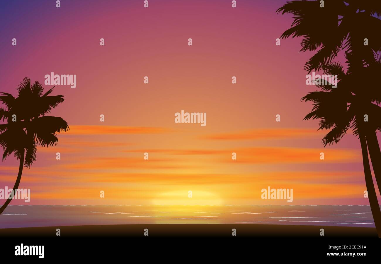 paisaje de la playa al atardecer Ilustración del Vector