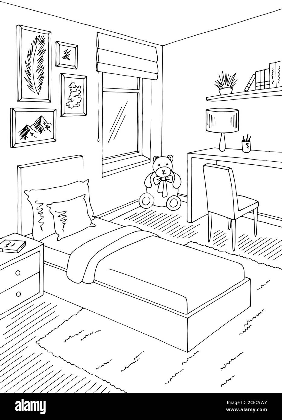 Gráfico del cuarto de niños negro blanco hogar interior dibujo vertical  ilustración vector Imagen Vector de stock - Alamy