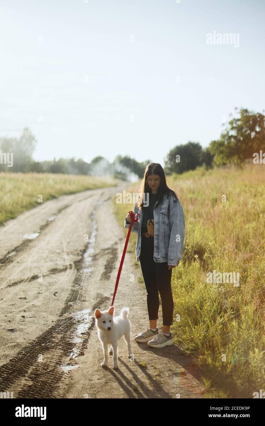 Elegante hipster chica caminando con lindo cachorro blanco en el parque de verano. Mujer joven en una caminata con su perrito en luz cálida del sol. Concepto de adopción, loya Foto de stock