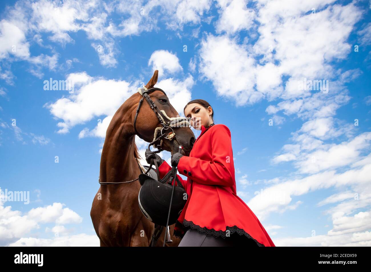 Foto de moda Deporte ecuestre Mujer jockey con caballo marrón, al aire libre Foto de stock