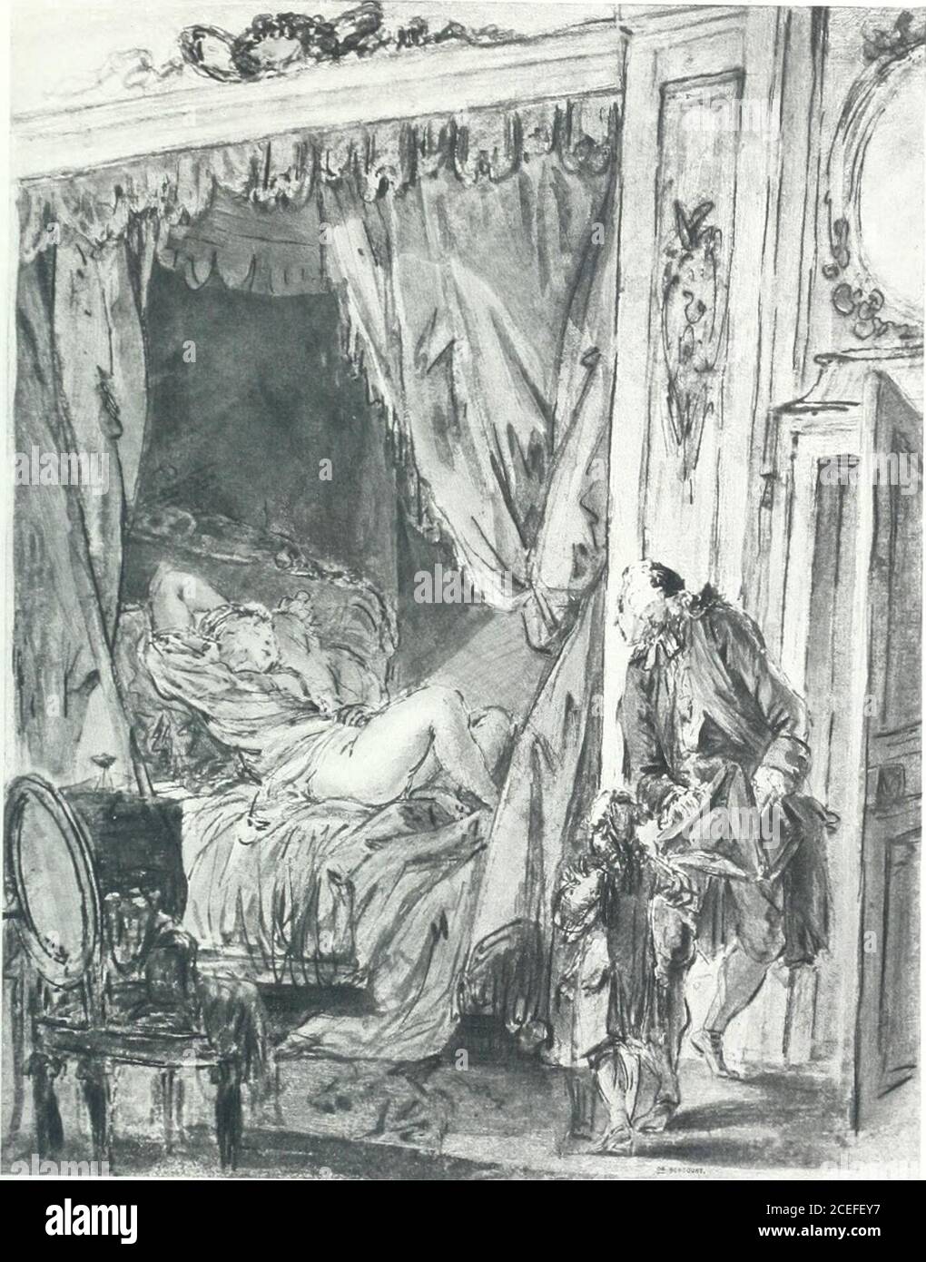Collection des Goncourt; dessins, aquarelles et pastels du 18e siècle.  PIERRE-ANTOINE) — le Matin. Un gouverneur pénétrant avec son élève dans  unechambre à coucher, où se voit, sur un lit, une