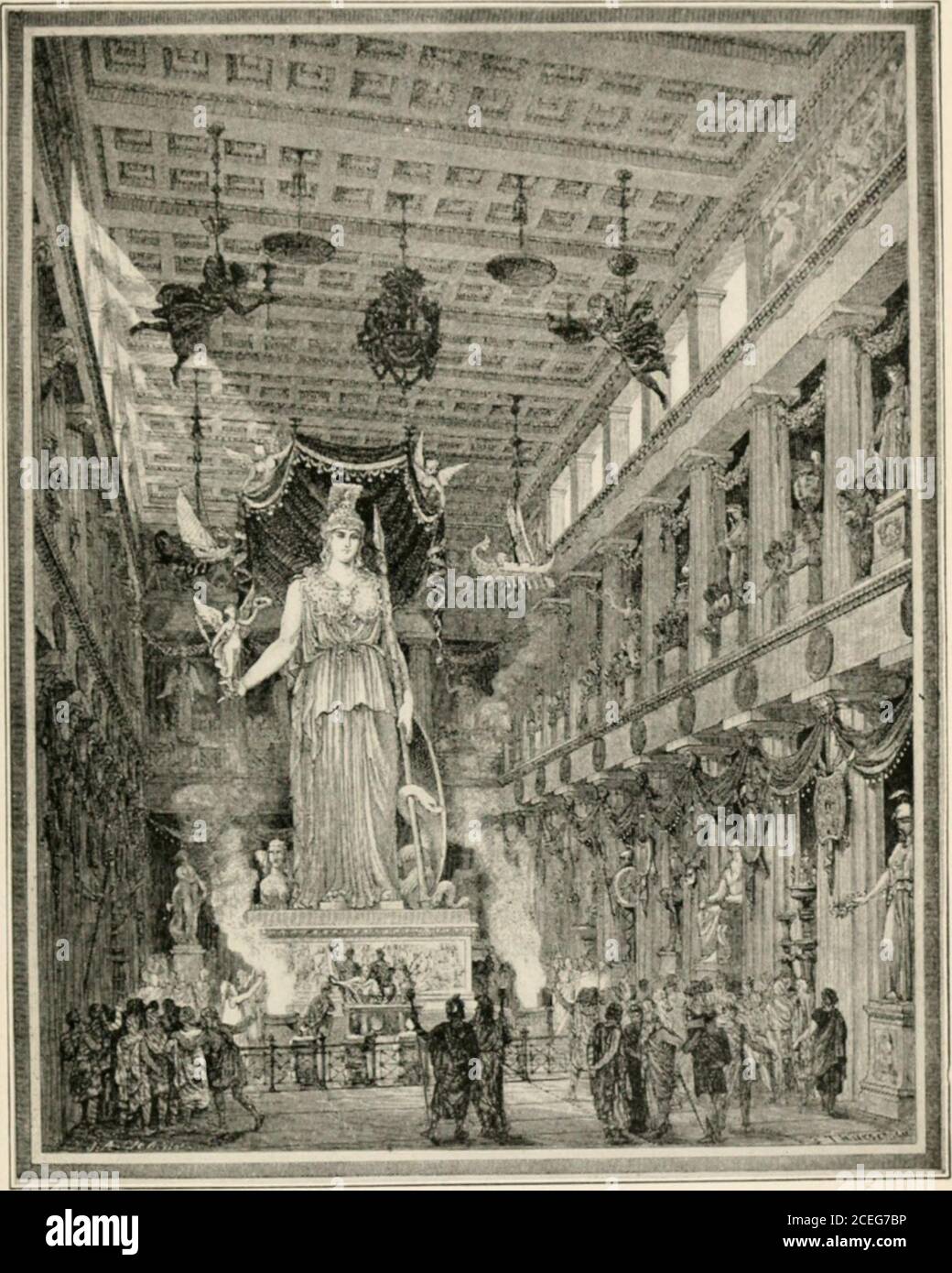 . Los hombres de la vieja Grecia, por Jennie Hall. La procesionescomenzó a marchar adentro a través de los grandes bronzedoors. Tan pronto como la gente pasó el thresh-old, ellos cayeron en silencio. Porque allí, lejos en la habitación grande y tenue, brillaba una estatua. Era un rayo de sol. Alto como la habitación, Athene miró suavemente hacia abajo a 216 hombres de la vieja Grecia la muchedumbre enconada. Su túnica de arrastre, el casco, el escudo que descansaba a sus pies, eran todo de oro, ricamente tallado. El Vic-tory que estaba en su mano estirada era de oro. Su cara y cuello, sus brazos, sus pies que se sacaron de debajo del manto, eran de marfil teñido suave. En th Foto de stock