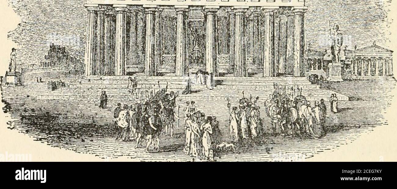 . Hombres de la vieja Grecia, por Jennie Hall. EAST END OP LAS naves DEL PARTENÓN, los ornamentos de oro en pico y onstátulas, quemadas. Las vigas niveladas de thesun dispararon bajo el amplio porche. Theyshone sobre los dioses sentados allí en marblerelief sobre otras columnas, esperando a Phidias y el Partenón 2L> recibir la procesión. Y en el pedi-mento, Atenea acababa de brotar de la cabeza de Zeus. Y los dioses estaban de pie y miraban con asombro. La gente ya no podía estar en silencio.se olvidaron de las oraciones santas por venir. ¡Theygrité, Athene, Athene! Y por un minuto se volvieron a hablar entre ellos. Me siento como th Foto de stock