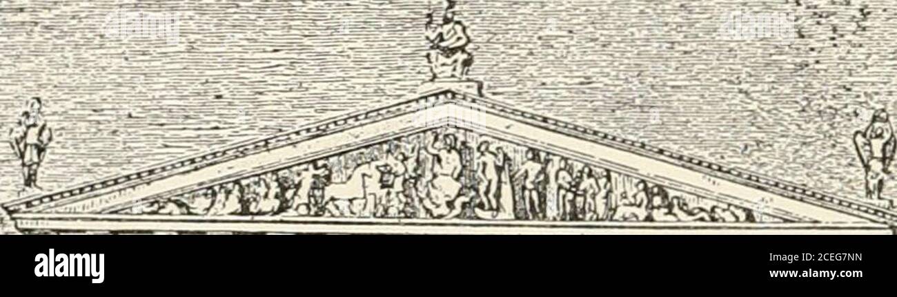 . Los hombres de la vieja Grecia, por Jennie Hall. ed teirlenguas y sacaron sus heirts de ellos. Aquí en el frontón estaban Atenea y Poseidón luchando por Atenas. Allí sus caballos y carros, grandes como la vida.Poseidón se volvió furiosamente a ir. Athenejoyfully se esforzó para entrar en su carro.y el frontón estaba lleno de amigos felices. Todas estas estatuas brillan con bronce y oro y color. Debajo estaban las grandes columnas blancas y el porche de la sombra. La pared de la parte de atrás era brillante, con vides pintadas y doradas y bandas. El porche se extendía por la parte larga y alrededor del edificio. Bajo r Foto de stock