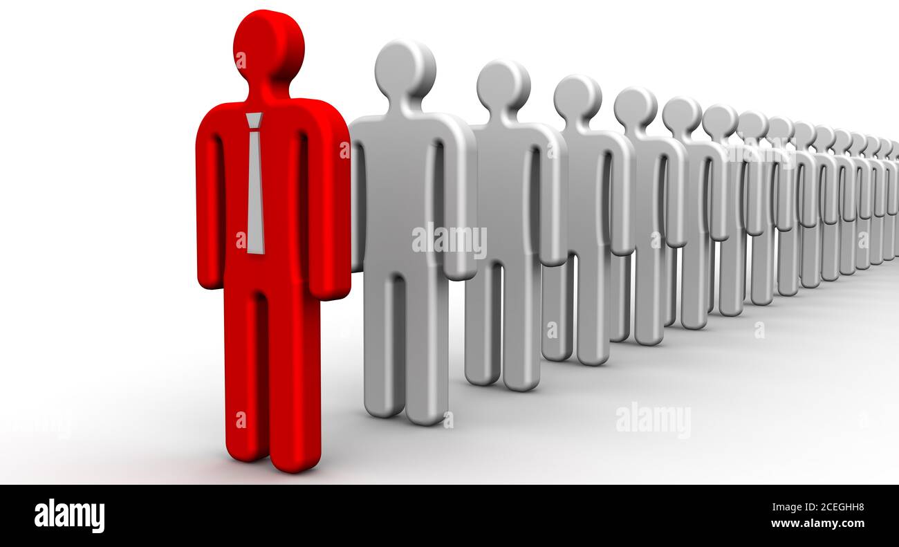 Símbolos de personas alineados en una fila en una superficie blanca y uno  rojo como líder. Ilustración 3D Fotografía de stock - Alamy