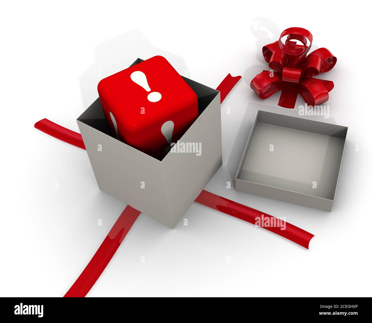 Atención en el regalo. Abrir caja de regalo con cubo rojo etiquetado con  signo de exclamación se encuentra en una superficie blanca. Ilustración 3D  Fotografía de stock - Alamy