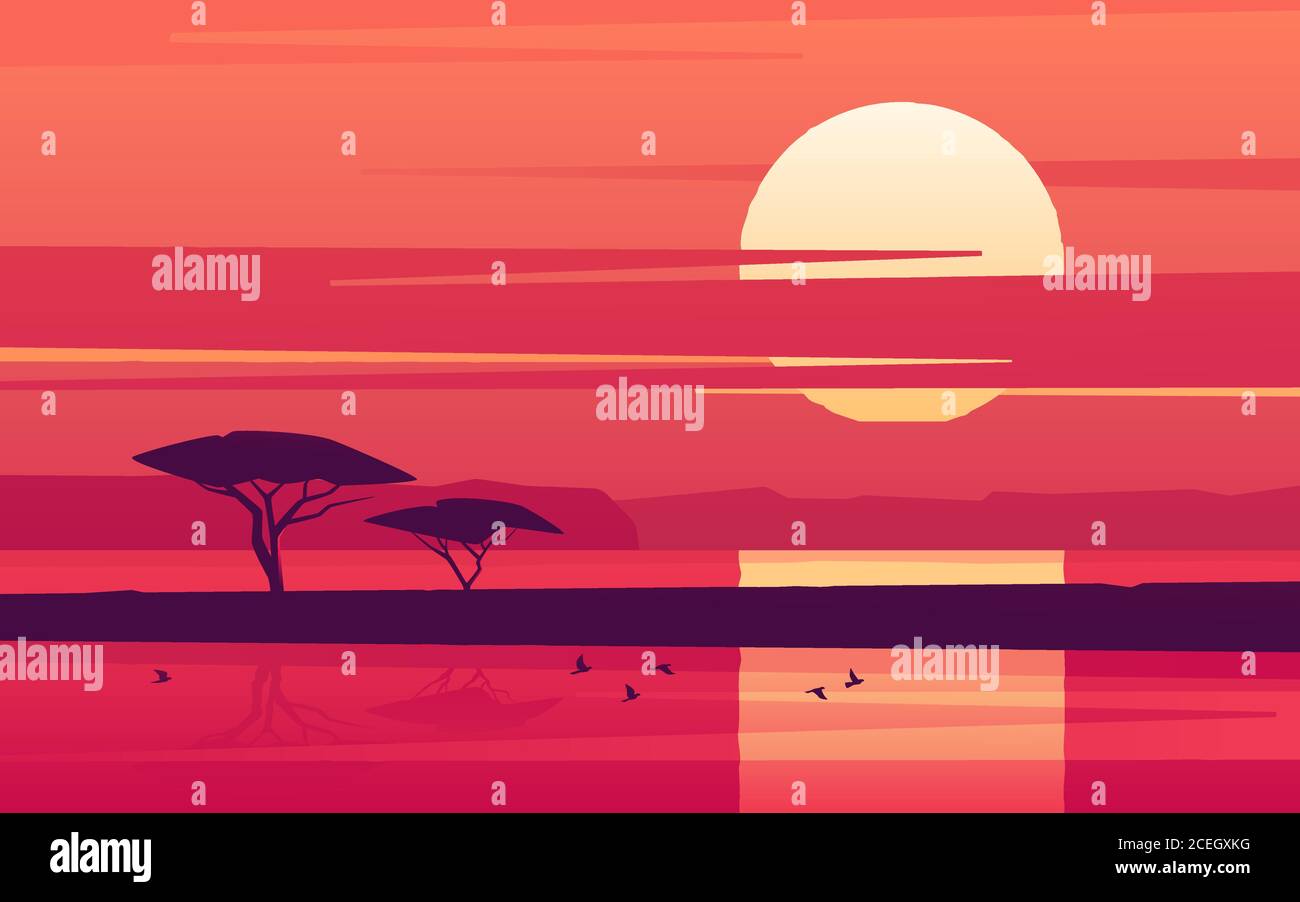Puesta de sol sobre el lago africano. Ilustración vectorial Ilustración del Vector