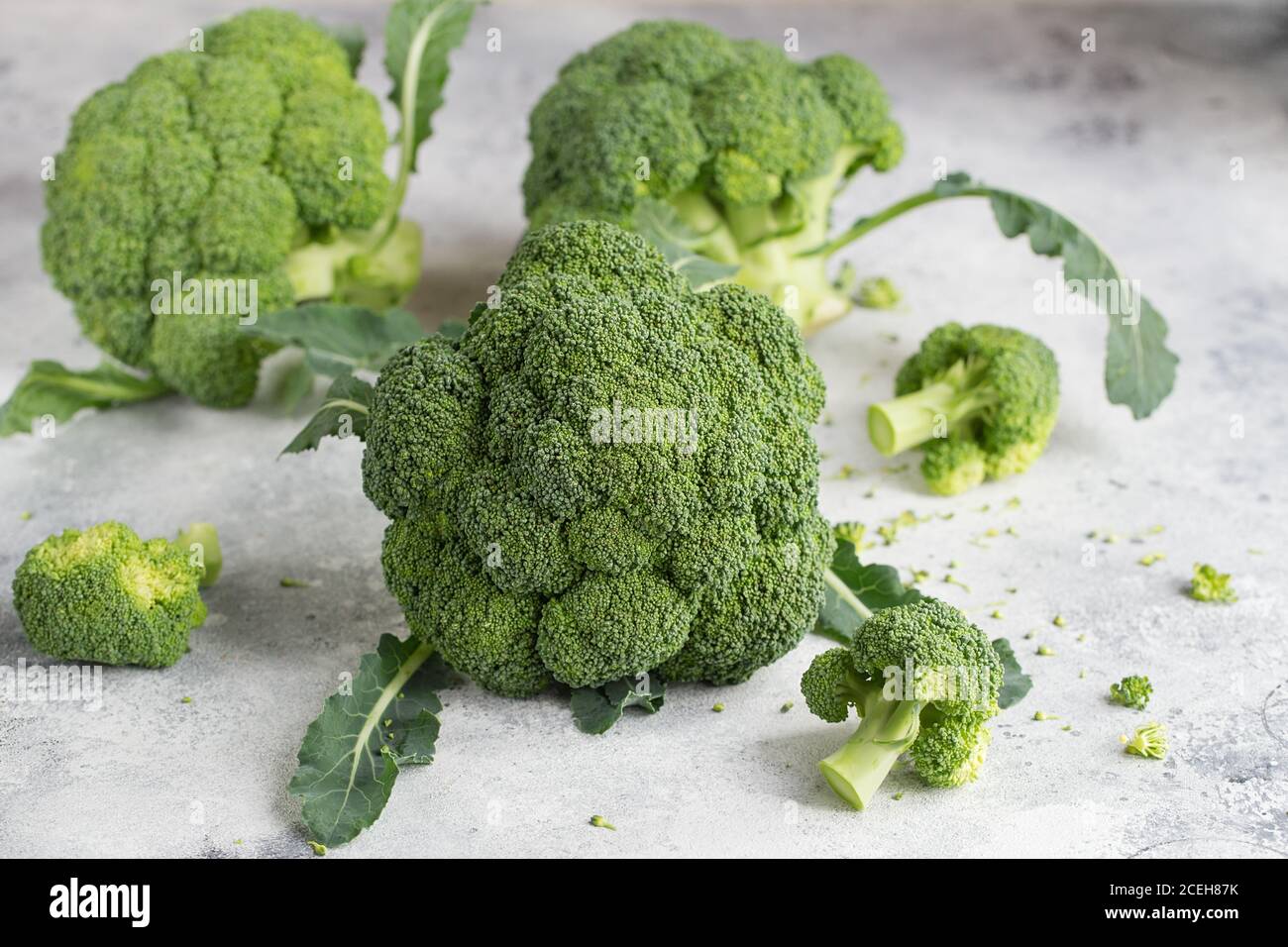 Brócoli verde fresco sobre fondo gris claro. Macro foto verde brócoli vegetal fresco. Verduras verdes para dieta y alimentación saludable. Foo orgánico Foto de stock