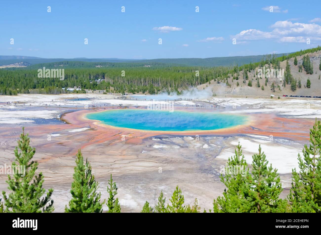Grand Prismatic Spring en el Parque Nacional Yellowstone, Estados Unidos, visto desde el mirador del sendero Fairy Falls Foto de stock