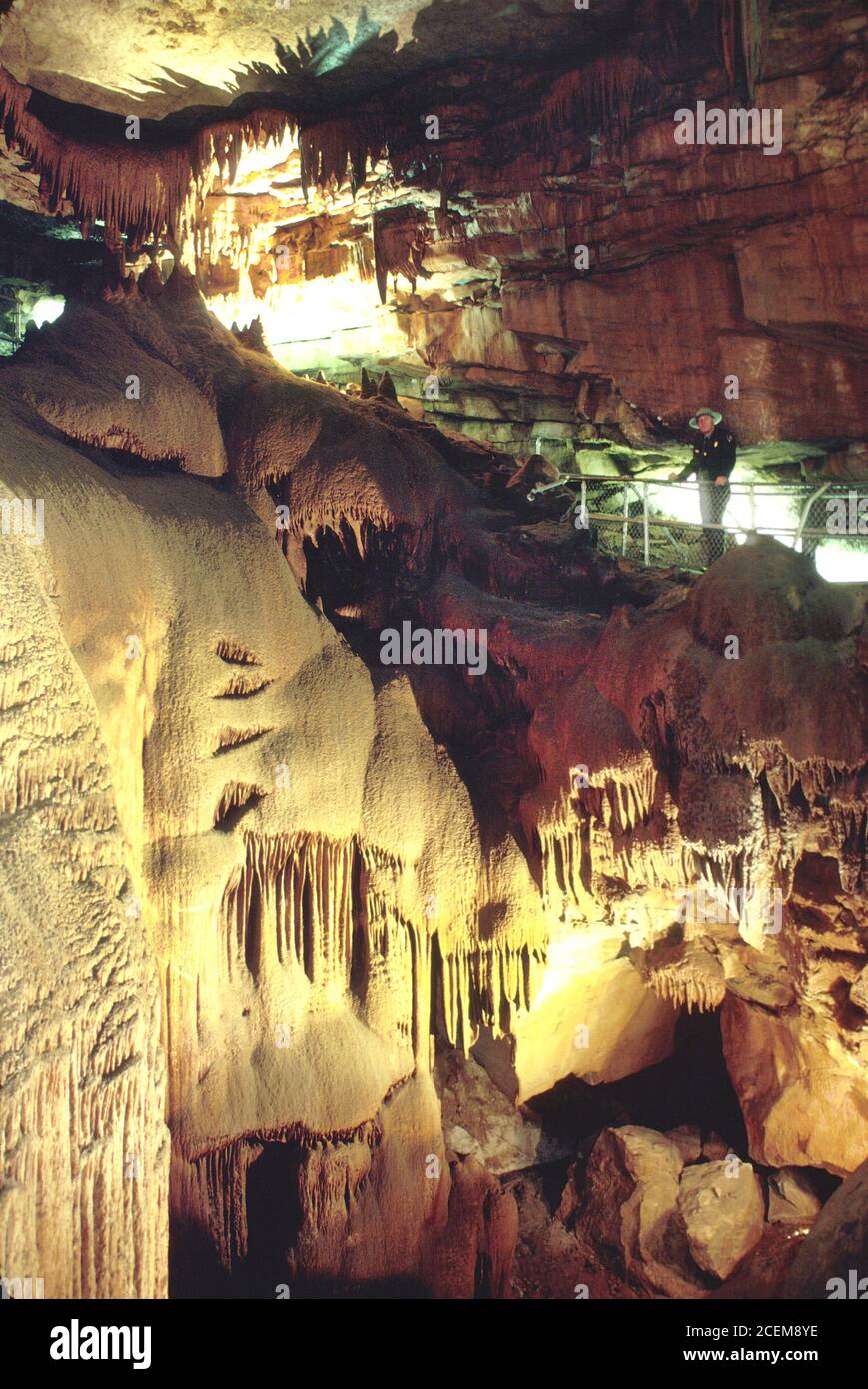 Kentucky Mammoth Cave National Park, Frozen Niagara formación de piedra caliza carbonato de calcio goteo de agua natural, interior guardaparques hombre hombre visita Foto de stock