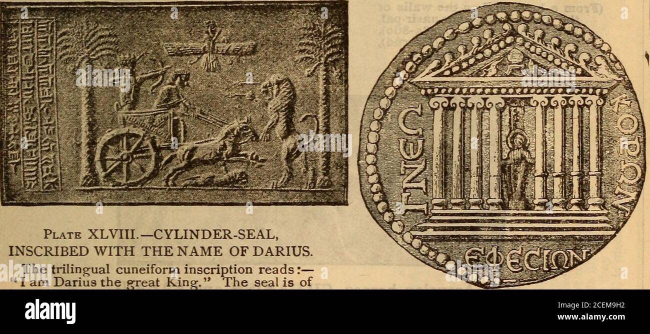 . La Santa Biblia que contiene el Antiguo y Nuevo Testamento... Placa XL VI.- BATALLA en la orilla de un río entre Assur-bani-PAJ, rey de Asiria (B. C. 668-626), y Te-umman, rey de Elam. En el centro Te-umman y su hijo Tamritu están siendo asesinados. De un bajorrelieve en las paredes del palacio de Assur-bani-pal, descubierto en Kouyunjik (Nínive, ahora en el Museo Británico. Placa XLVIIL—CILINDRO-SELLO,INSCRITA CON EL NOMBRE DE DARÍO.la inscripción cuneiforme trilingüe dice:—Yo soy Darío el gran Rey. La junta es de piedra dura, cortada en forma de cilindro, e isgrabada con un diseño de represen Foto de stock