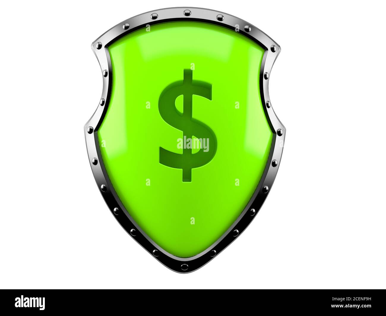 Símbolo de dólar en escudo metálico aislado sobre fondo blanco