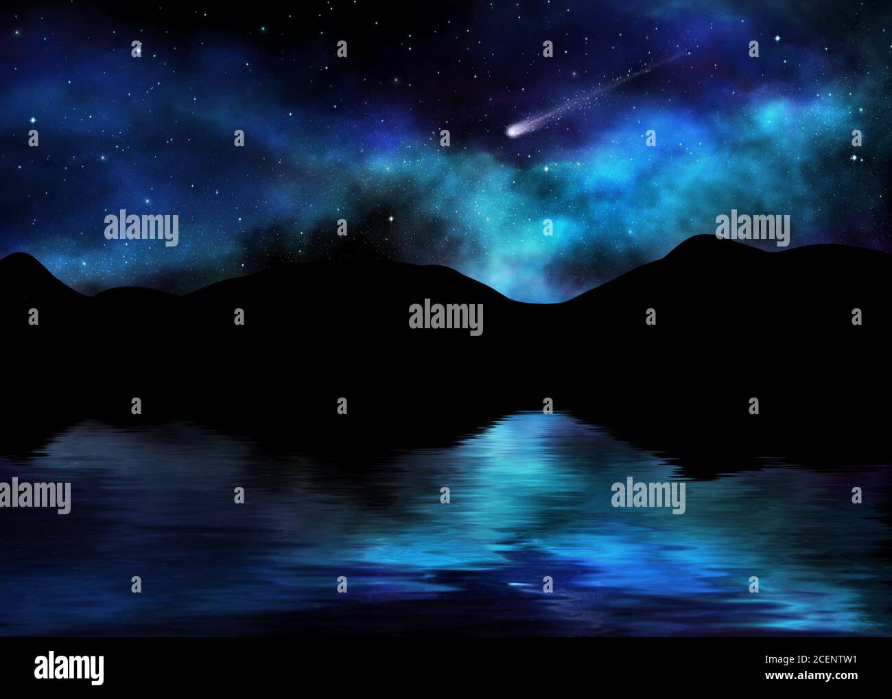 El universo se refleja en el lago en las montañas. Hermoso cielo nocturno con un cometa volador. Foto de stock