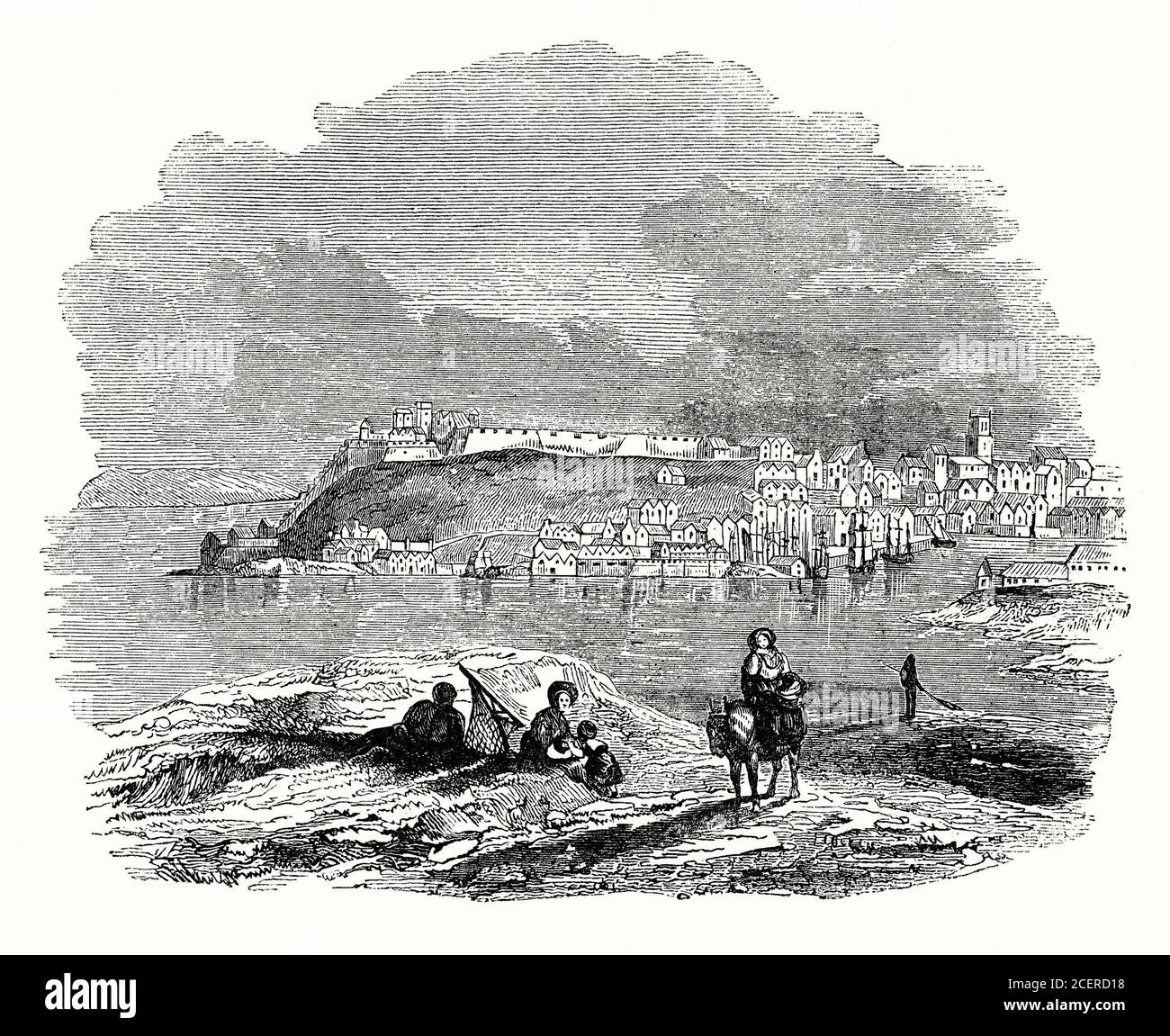 Un grabado antiguo de Plymouth, Devon, Inglaterra, Reino Unido, una ciudad portuaria situada en la costa sur de aproximadamente 37 km (60 millas) al suroeste de Exeter. Encerrando la ciudad están las bocas del río Plym y el río Tamar, parte del puerto natural de Plymouth Sound. En 1620 los padres peregrinos partieron de Plymouth para el Nuevo Mundo y establecieron la Colonia Plymouth, el segundo asentamiento inglés en los Estados Unidos. El rey Carlos II decidió fortificar Plymouth. La ‘Ciudadela’ tomó el fuerte anterior, el fuerte de Drake, que resultó en el contorno irregular del fuerte (fondo). El trabajo comenzó en 1665. Foto de stock