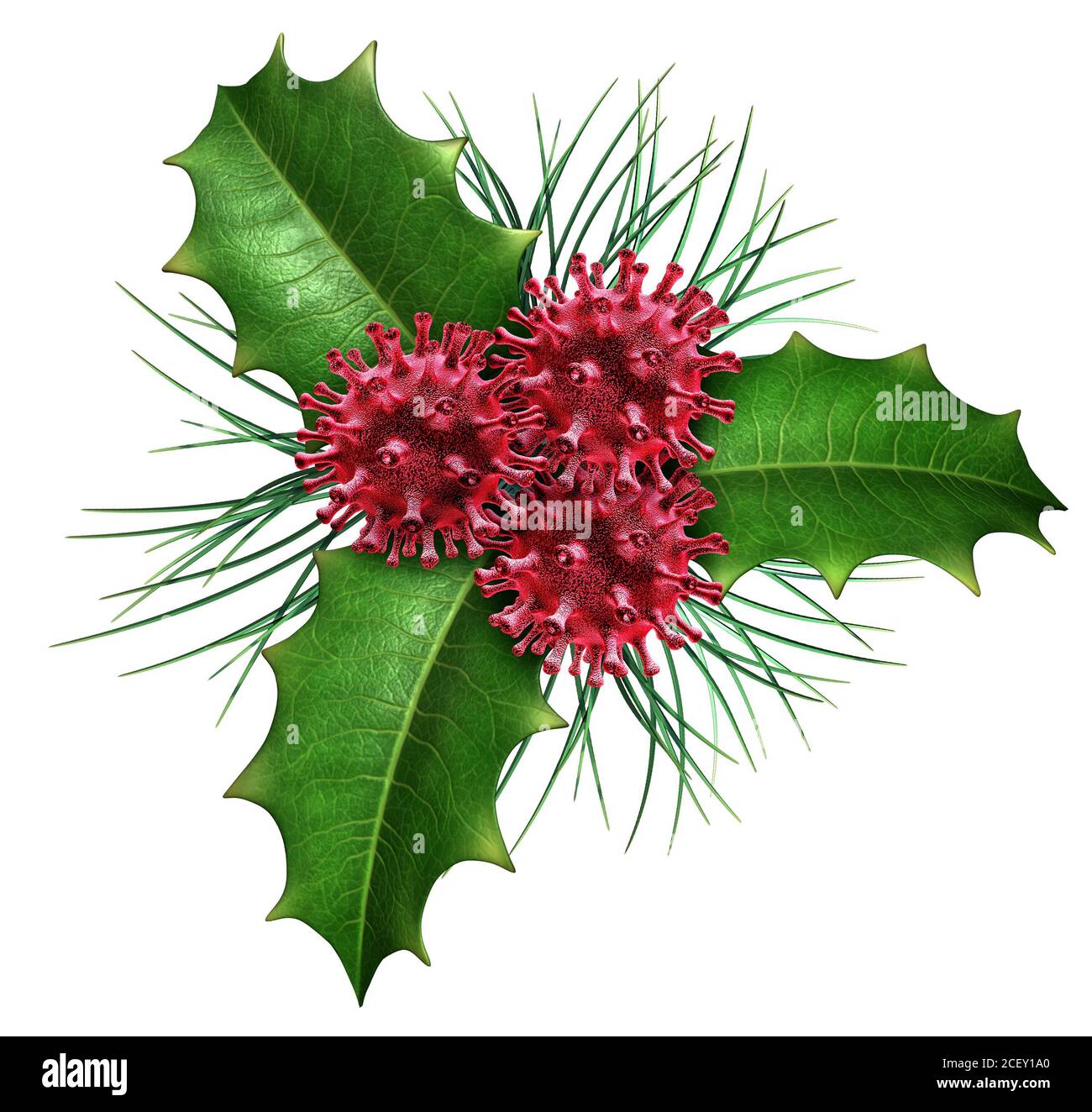 Salud y vacaciones de invierno como el holly de Navidad con bayas rojas en forma de células del virus como un símbolo médico y de la medicina para la gripe de temporada. Foto de stock