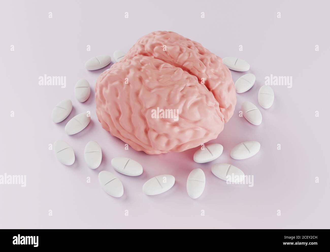 cerebro humano rodeado de píldoras sobre fondo claro, nootrópico para el cerebro o la píldora de dolor de cabeza, un fármaco para mejorar la actividad cerebral, adicción a la píldora, 3d re Foto de stock