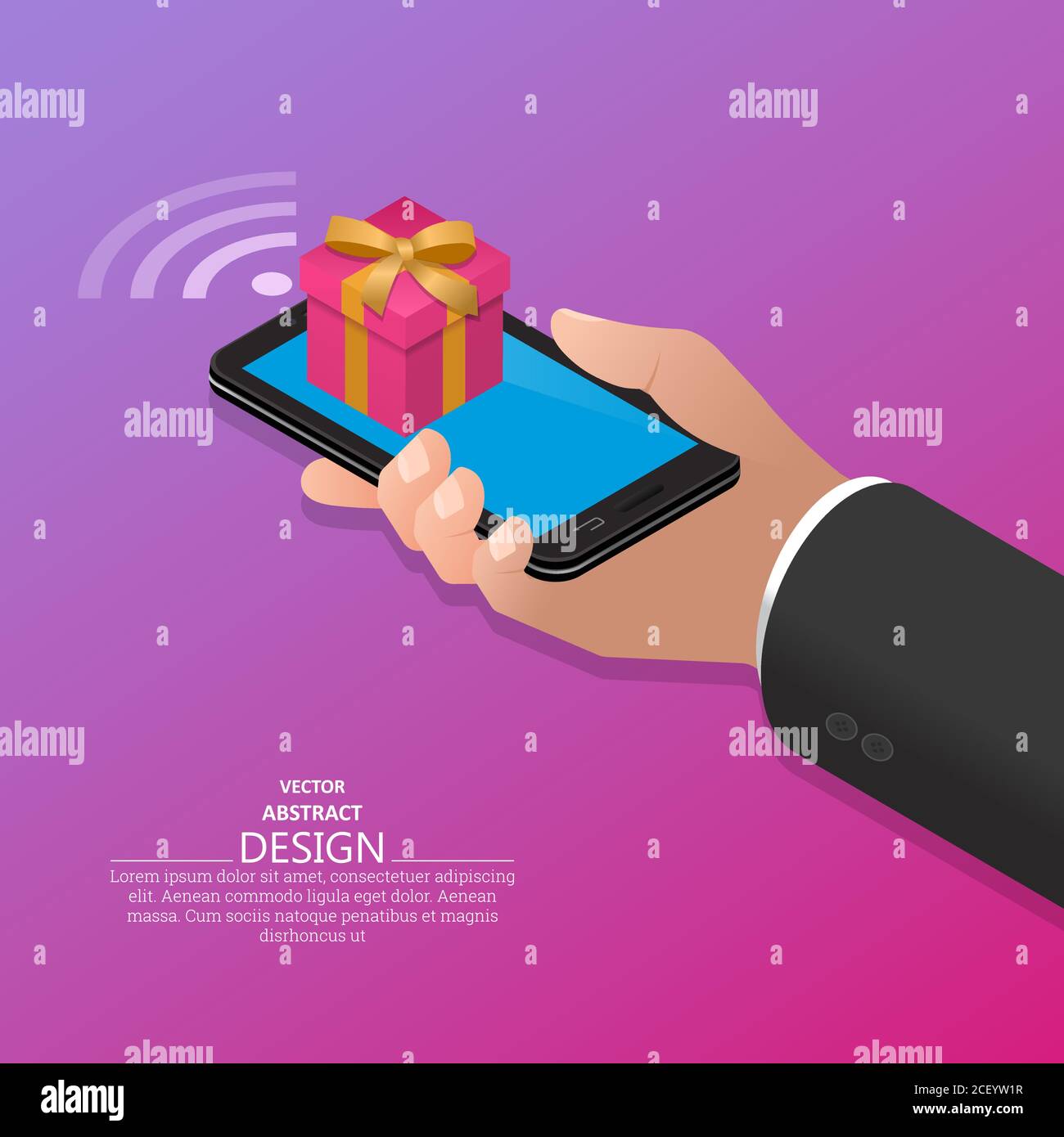 Una mano en un traje sostiene un smartphone con un regalo en la pantalla.concepto de regalos en línea en el teléfono.3D. Isometría.Ilustración vectorial. Ilustración del Vector