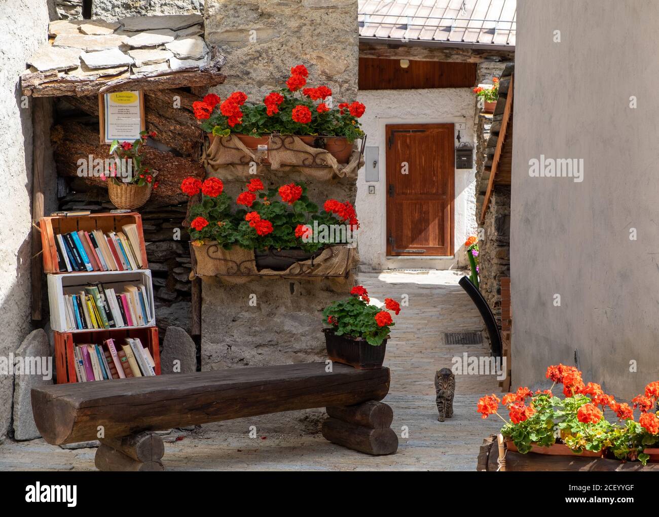 Libre intercambio de libros y plantadores de geranios en el pequeño pueblo de Usseaux, Piemonte, Italia Foto de stock