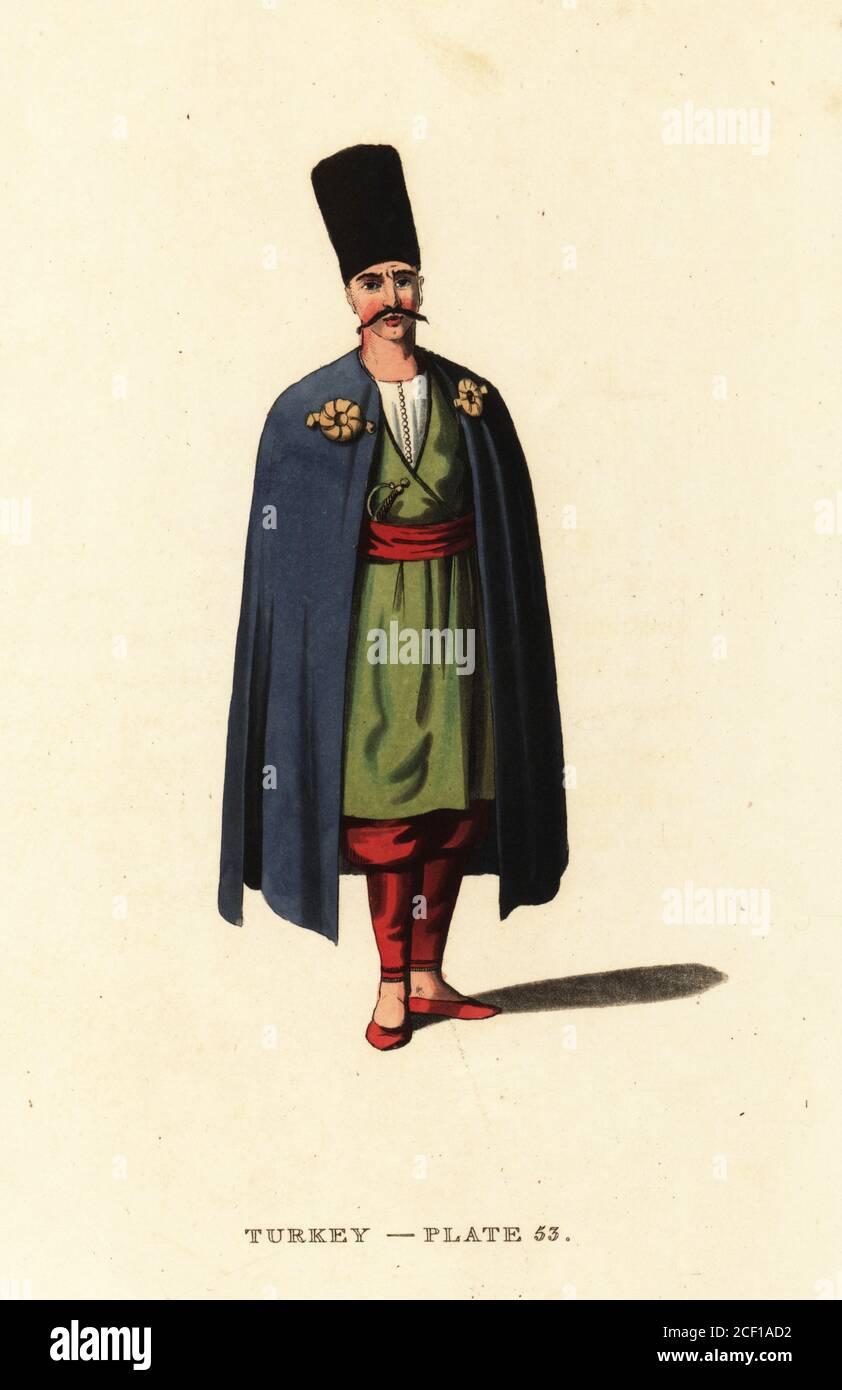 Traje de un bosnio o un hombre de Bosnia, Imperio Otomano. Lleva un  sombrero de fieltro alto, capa azul, bata verde con cintura, manguera  escarlata y pantuflas. Grabado de copperplate a mano