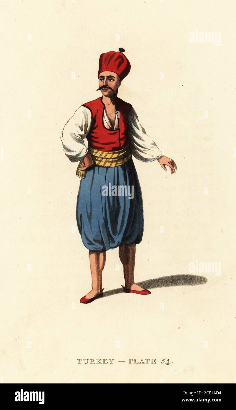 Marinero en la Armada turca, Imperio Otomano. Lleva un sombrero escarlata,  chaleco sin mangas, camisa, cintura y pantalones harem. Grabado de  copperplate a mano después de Octavian Dalvimart de la traducción de