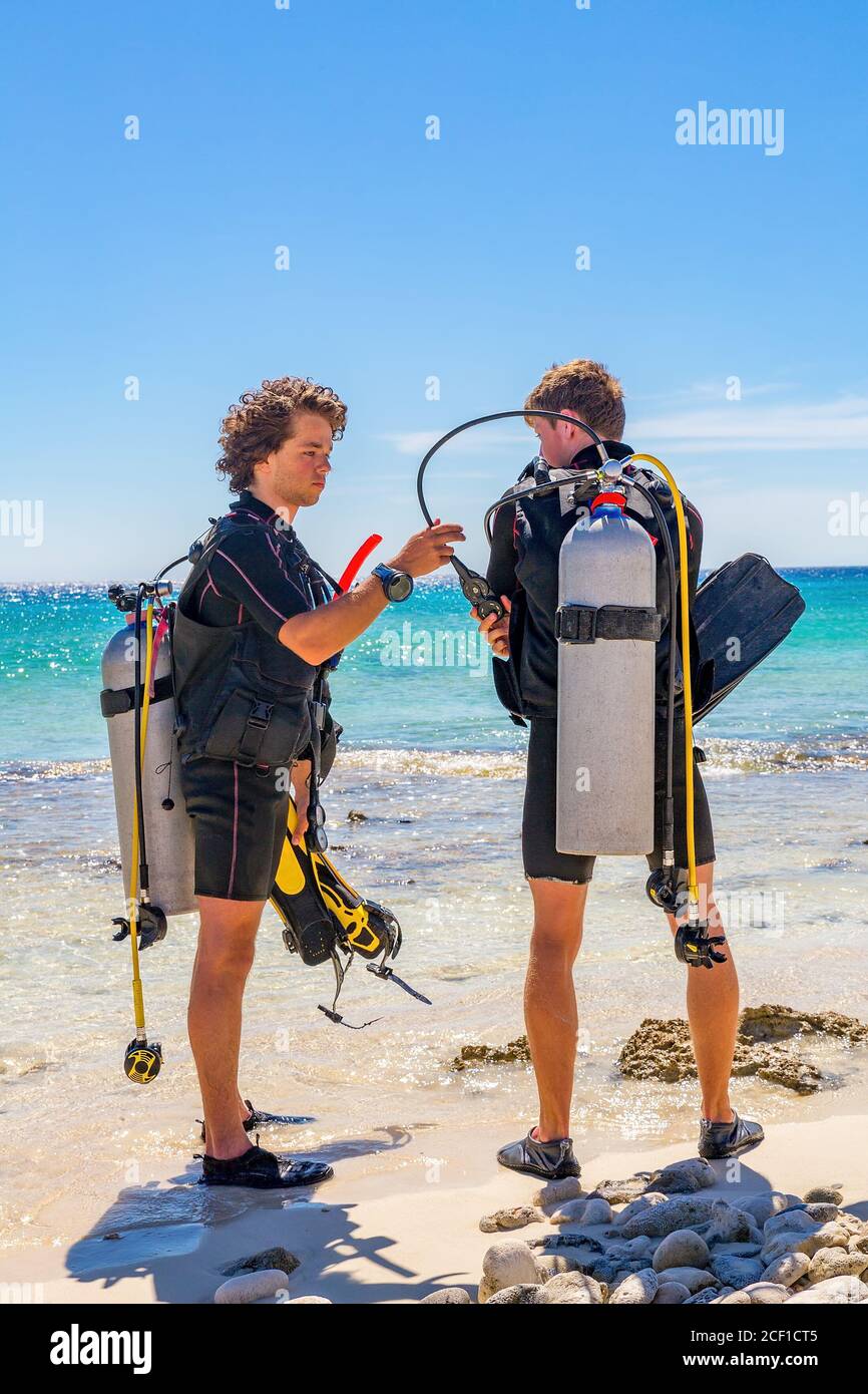 Dos jóvenes buzos caucásicos comprobando el equipo de buceo en la costa de isla Bonaire Foto de stock