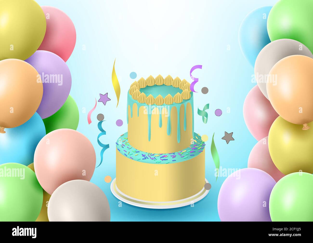 Colorida fiesta de cumpleaños feliz poster plantilla con pastel, globos  elementos Imagen Vector de stock - Alamy