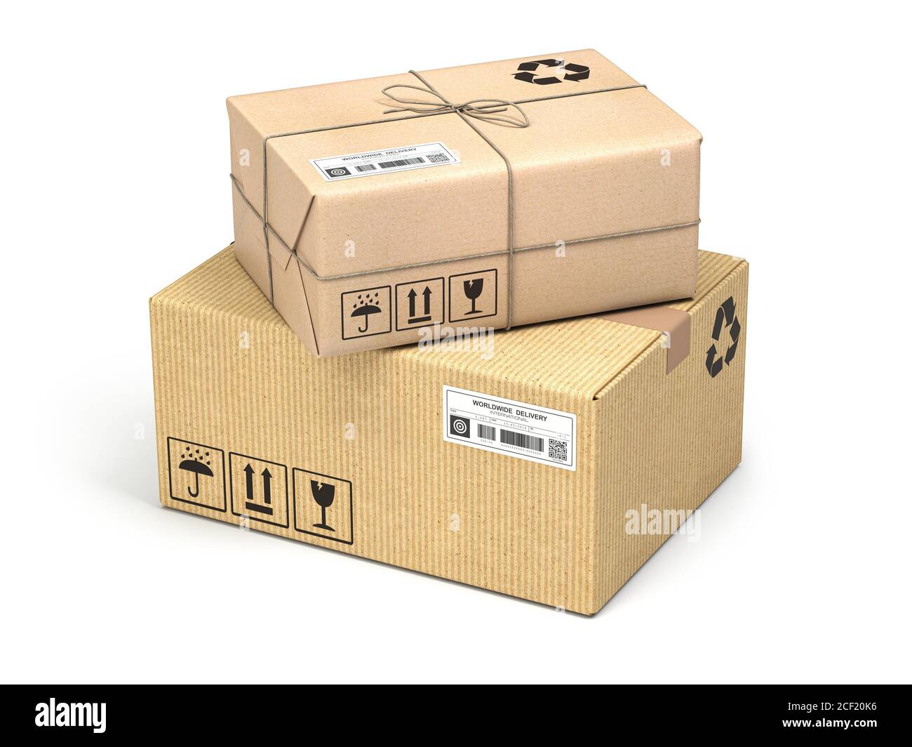 Cajas de cartón de diferentes tipos y tamaños aisladas sobre fondo blanco. Concepto de entrega y Cajas de cartón de diferentes tipos y tamaños aisladas sobre fondo blanco. Concepto de entrega y