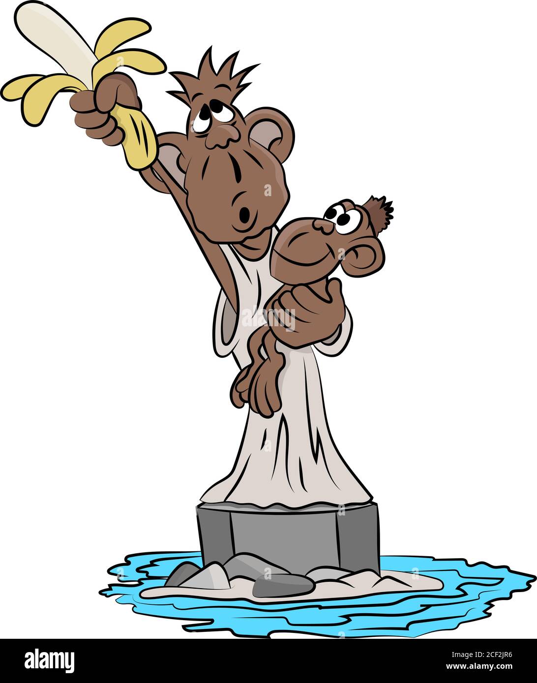 Mono de dibujos animados con su bebé en sus brazos sosteniendo un plátano de pie como una estatua de la libertad vector ilustración Ilustración del Vector