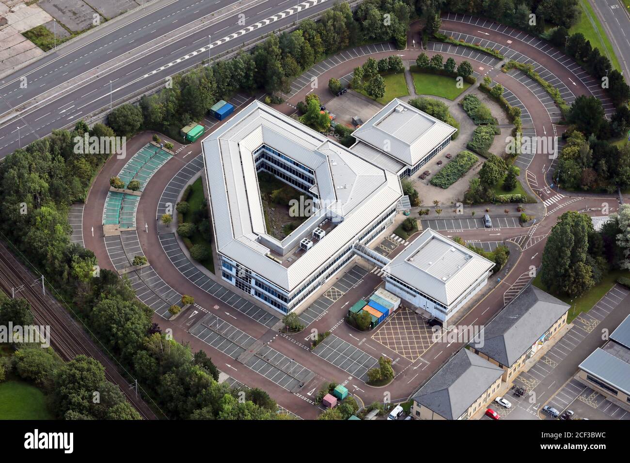 Vista aérea de las oficinas de BASF en Handforth, Cheshire que están en la forma de la figura 4 Foto de stock