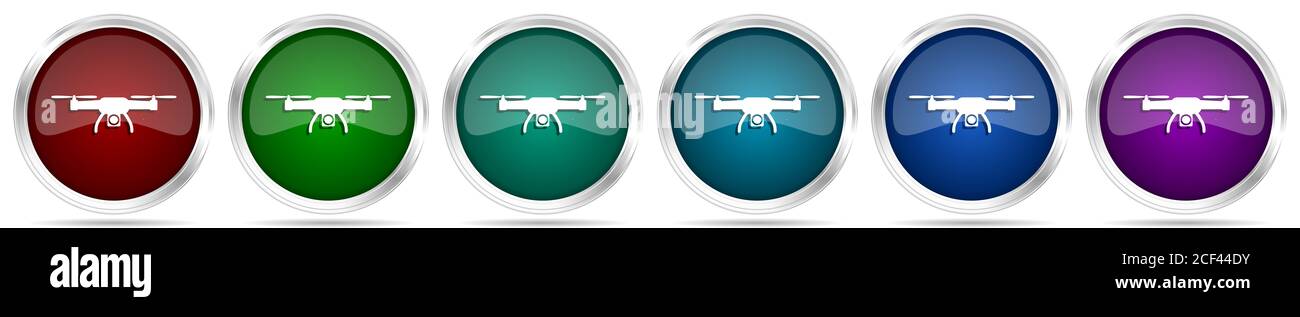 Drone, copter, iconos de cámara aérea, conjunto de botones de la web brillantes metálicos plateados en 6 opciones de color aisladas sobre fondo blanco Foto de stock