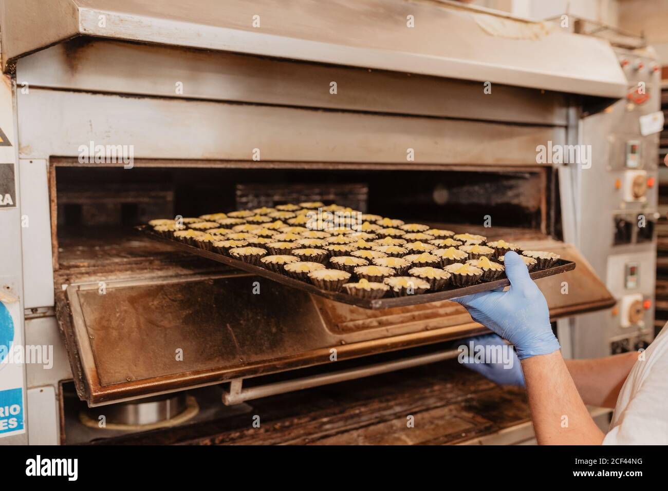 Trabajador de la panadería de la cosecha en guantes de látex poniendo  bandeja con vacío cajas de pastelería en horno profesional Fotografía de  stock - Alamy