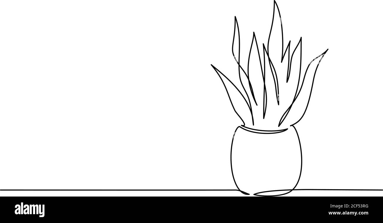 Planta de la casa en la olla. Dibujo continuo de una línea. Aislado sobre fondo blanco. Ilustración vectorial. Ilustración del Vector